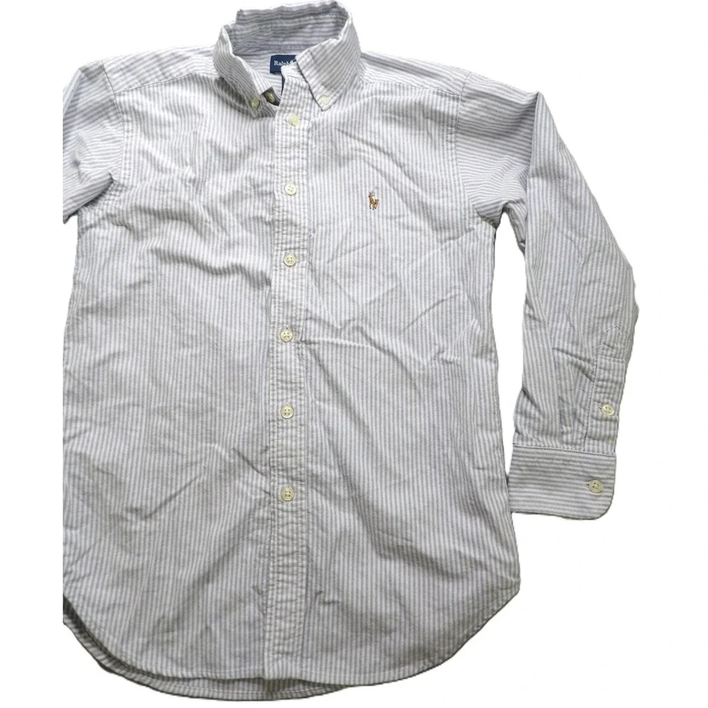 Ralph Lauren Boys Stripe Oxford Shirt Cotton Button Down 8 Light Blue White Pony